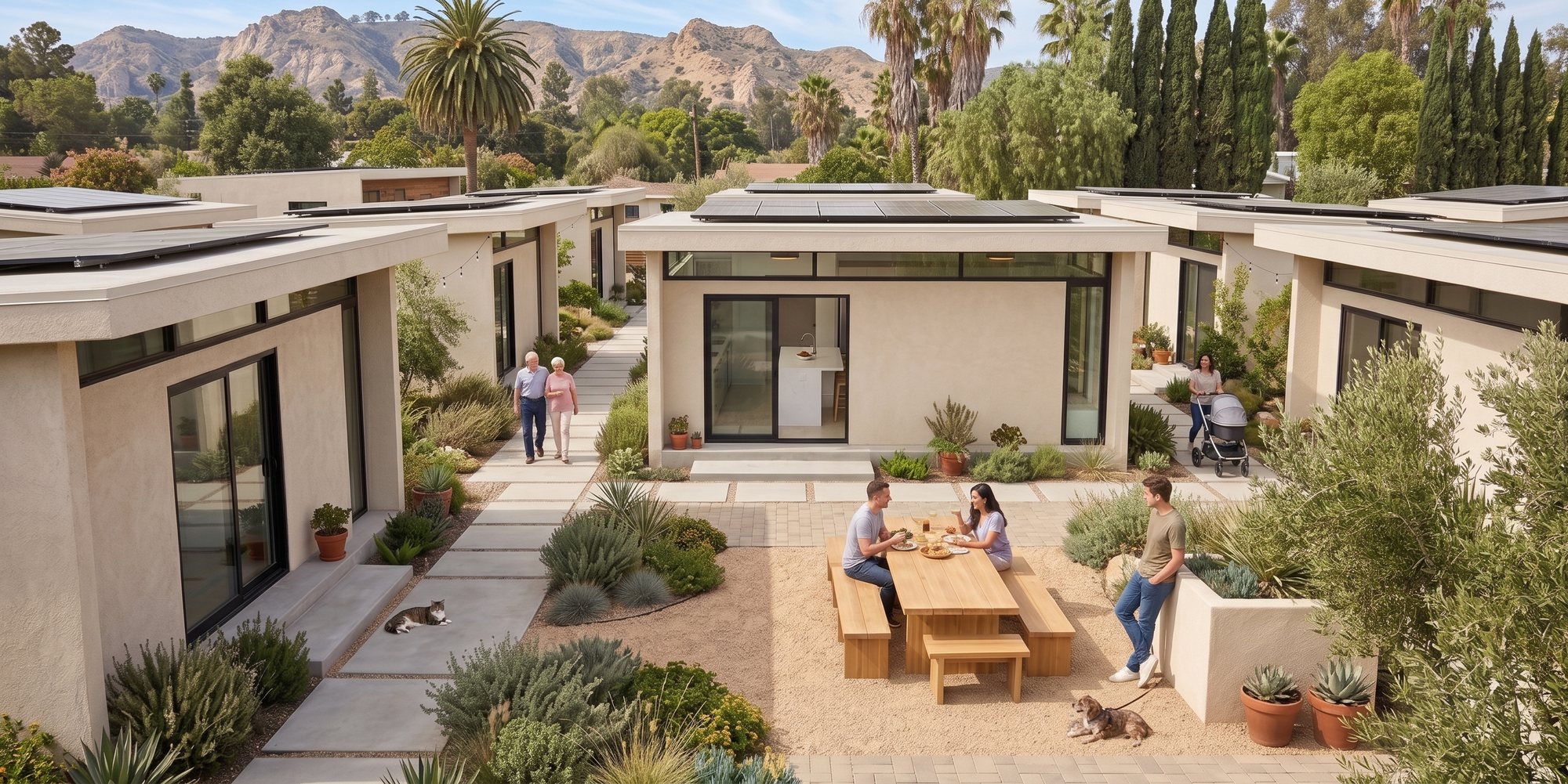 A community of Casita ADUs around a shared courtyard