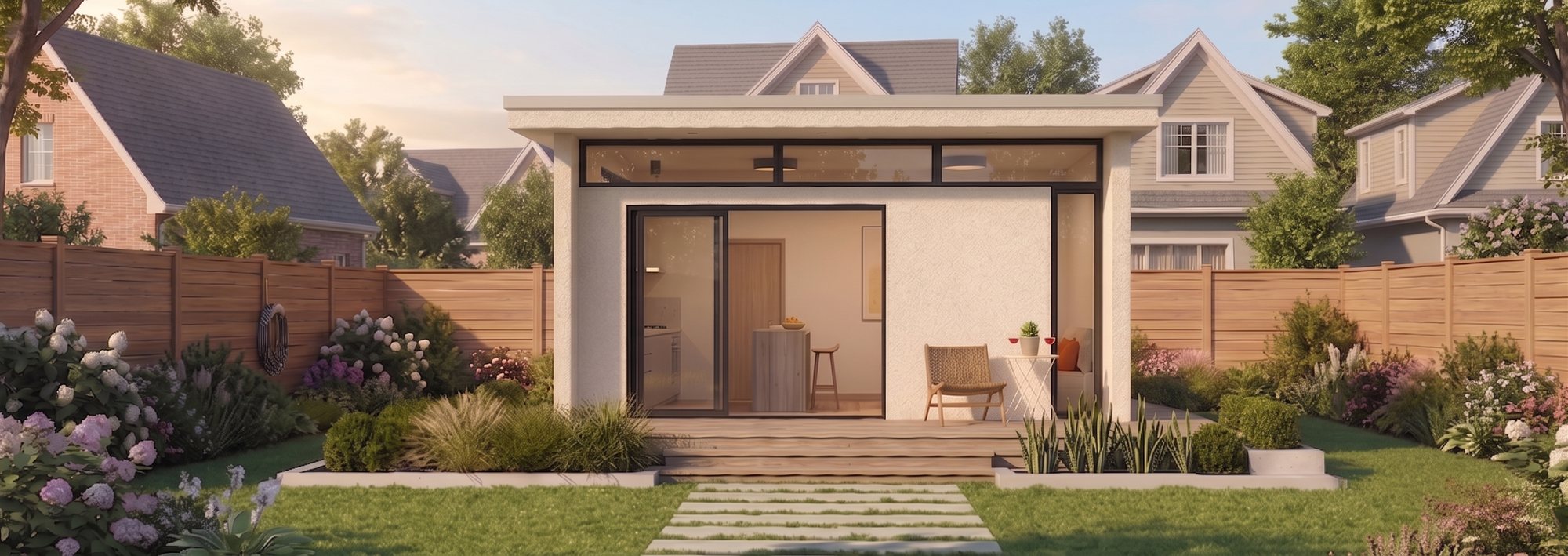 Front elevation rendering of the Casita with sliding glass doors and a wood deck