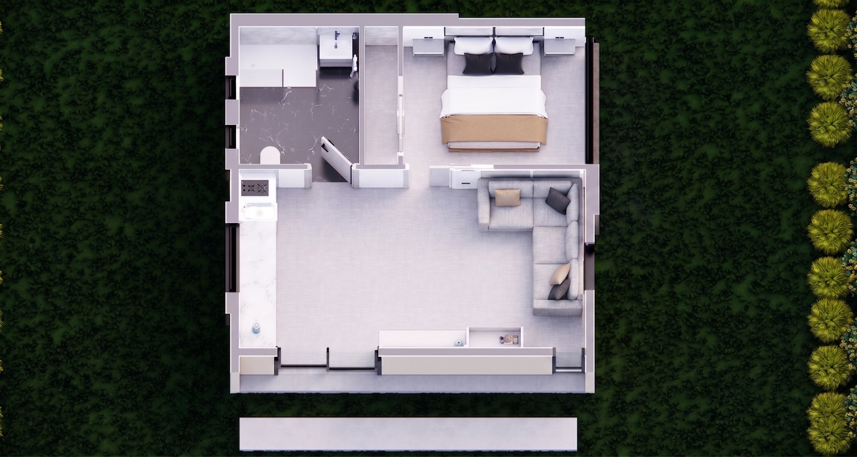 Top-down floor plan of the Casita showing the bedroom, bathroom, kitchen and living area
