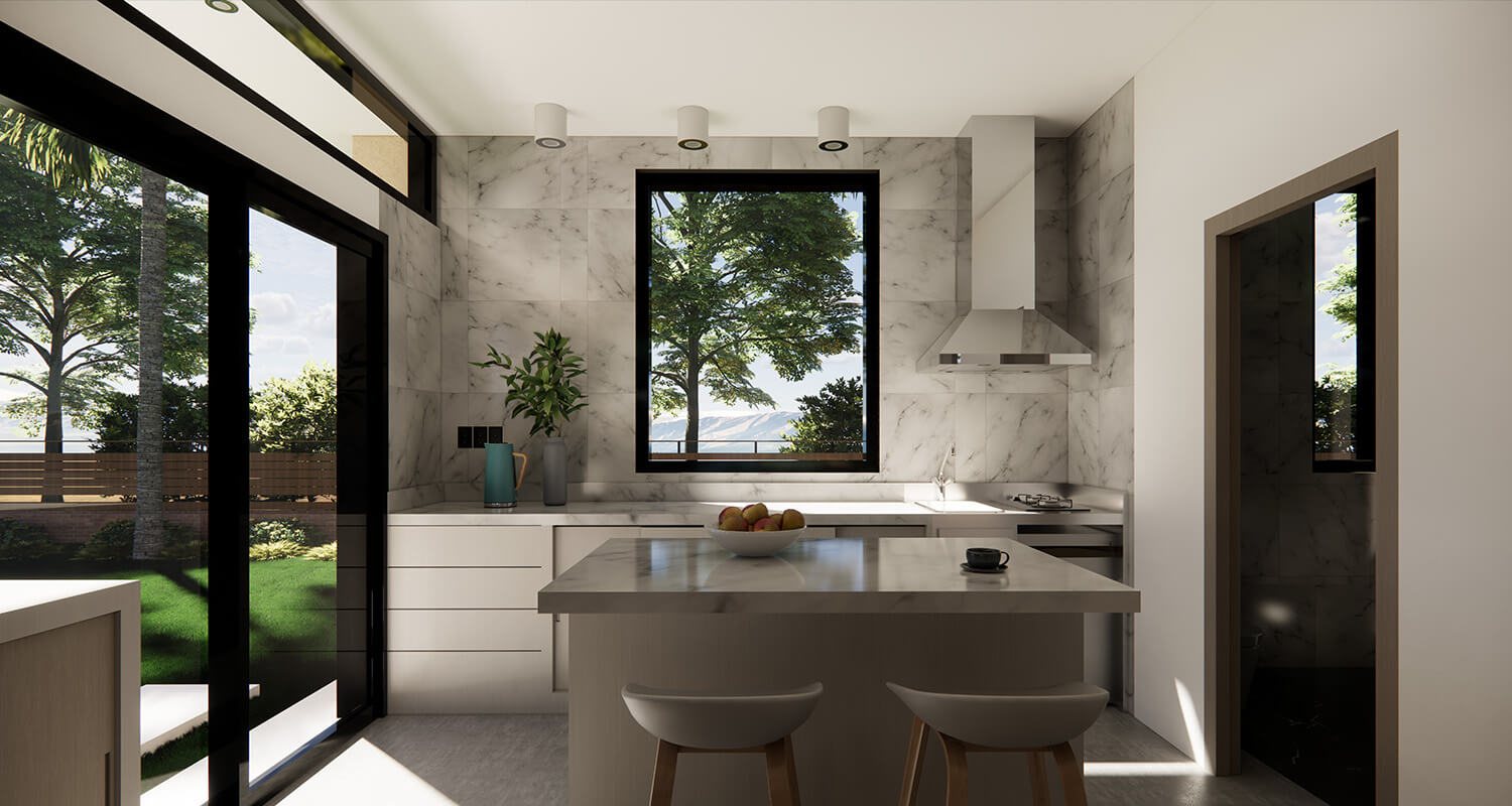 Casita kitchen with marble island, two stools, sliding glass doors to the backyard